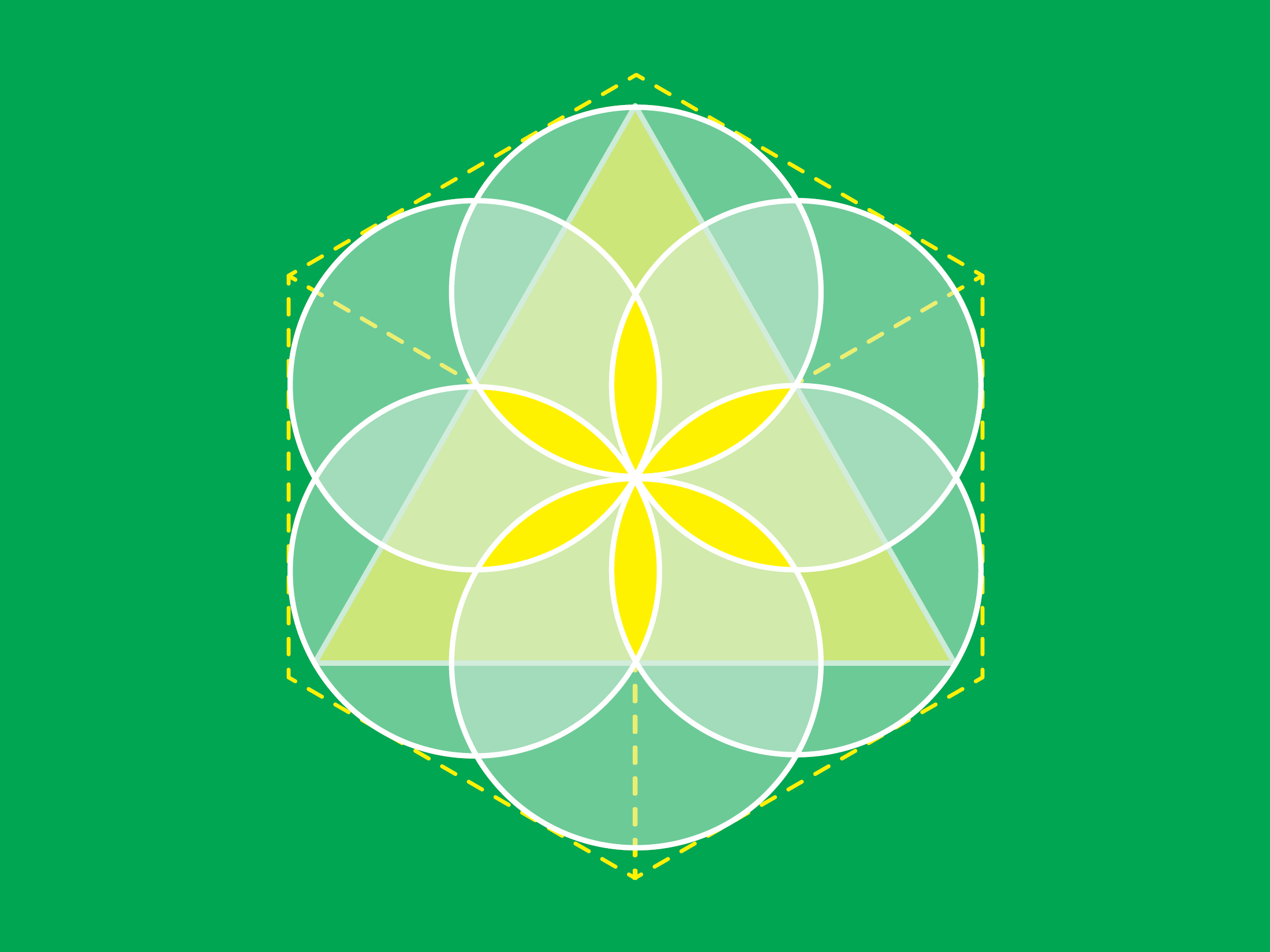 Yellow and white triangle, square and circles on green background