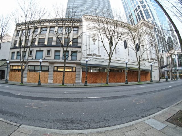 Empty and boarded up buildings
