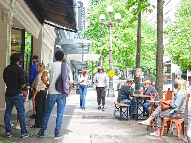Shoppers along Pike