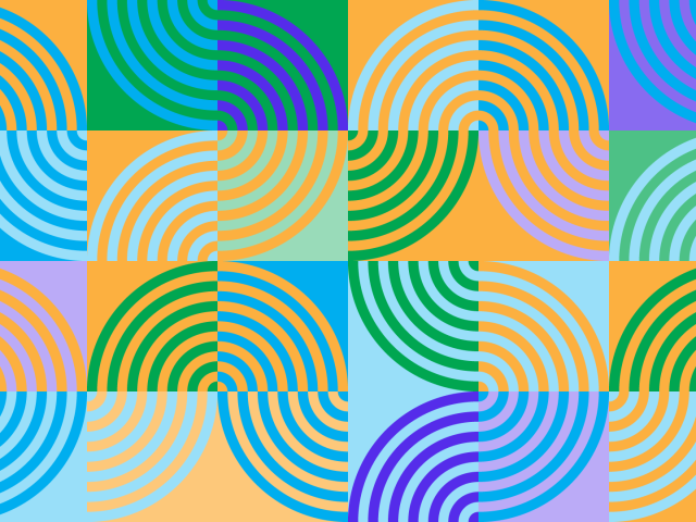 Bright geometric modular design with orange, purples, green and blue