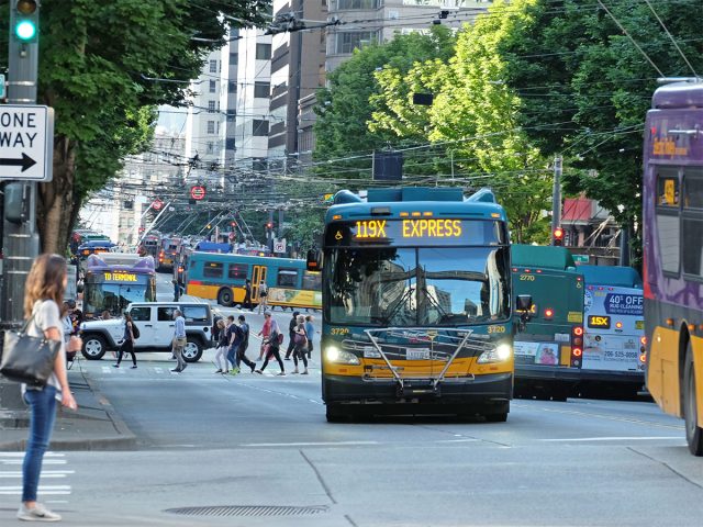 Busses and pedestrians on Third Avenue