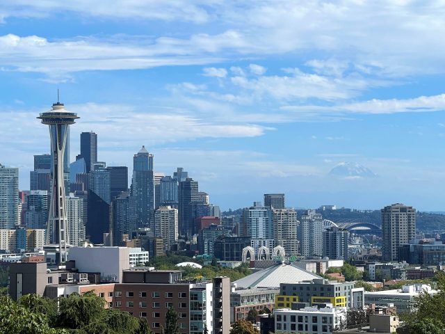 Downtown Seattle skyline, with the Space Needle, on a sunny day. View from Kerry Park in Queen Anne.