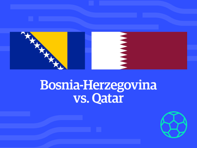 Bosnia-herzegovina vs. Aatar: flags on blue background, teal soccer ball icon on corner