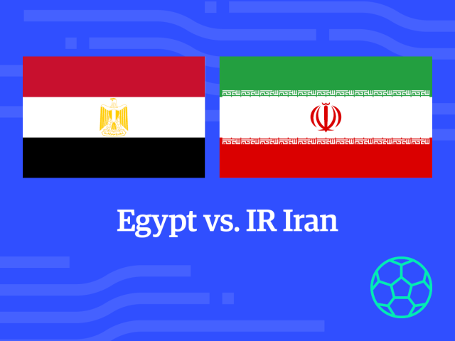 Egypt vs. IR Iran: flags on blue background, teal soccer ball icon on corner