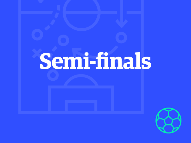 Semi-finals on blue background, teal soccer ball icon on corner