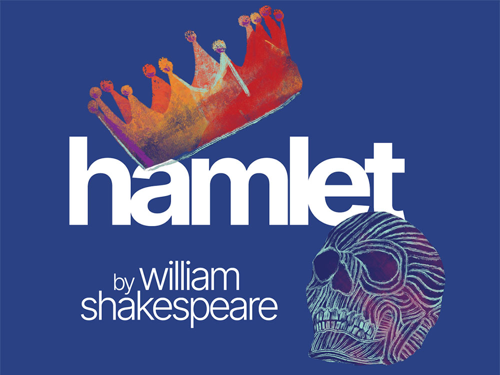 "Hamlet by William Shakespeare" on blue background, illustrations of skull and crown